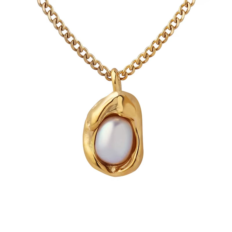 Original Designs 18K Gold Plated Natural Fresh Pearl Irregular Pendant Stainless Steel Necklace Fashion Jewelry