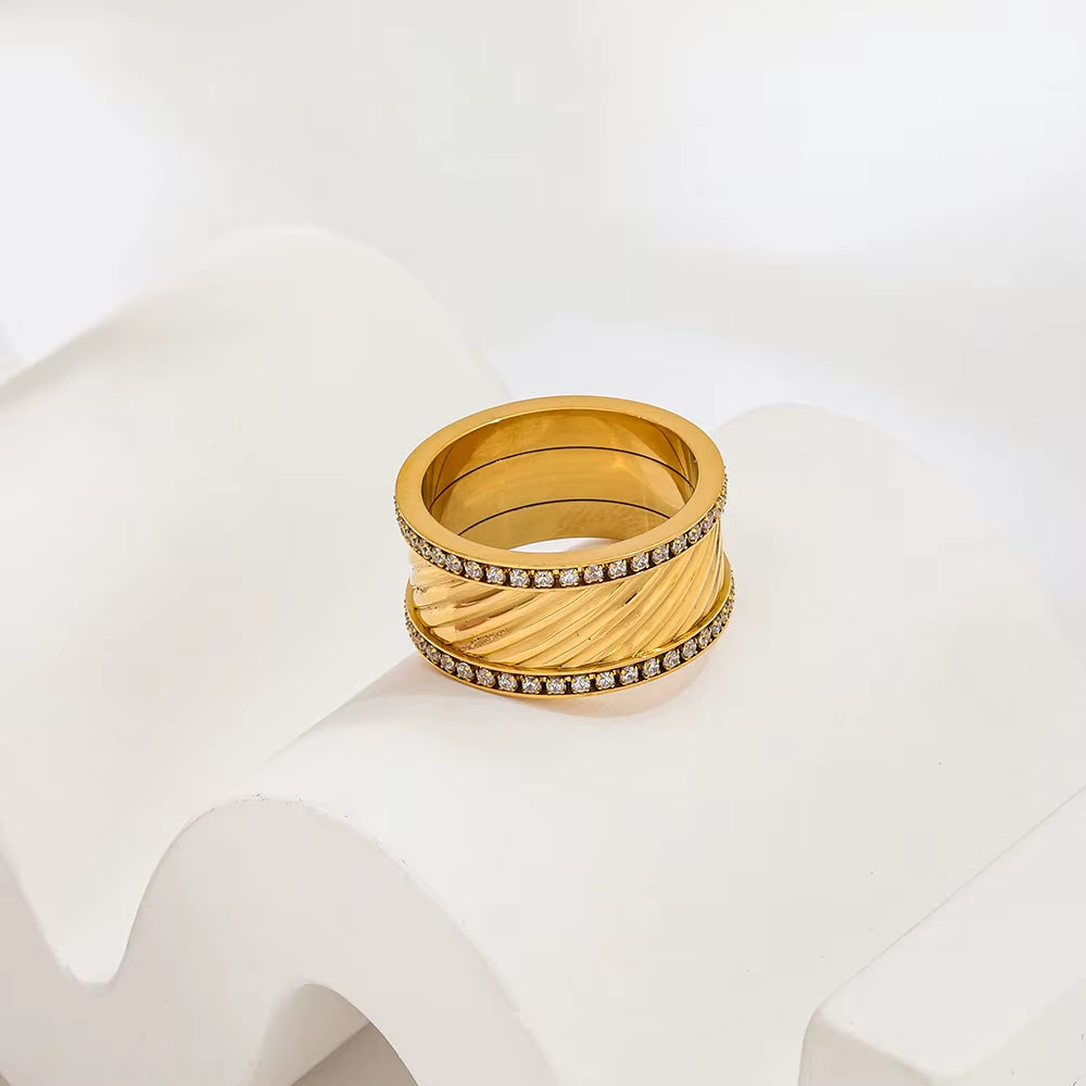 Joolim Jewelry Wholesale High End PVD No Fade Fashion Chunky Double Layer Zirconia Band Stainless Steel Ring for Women