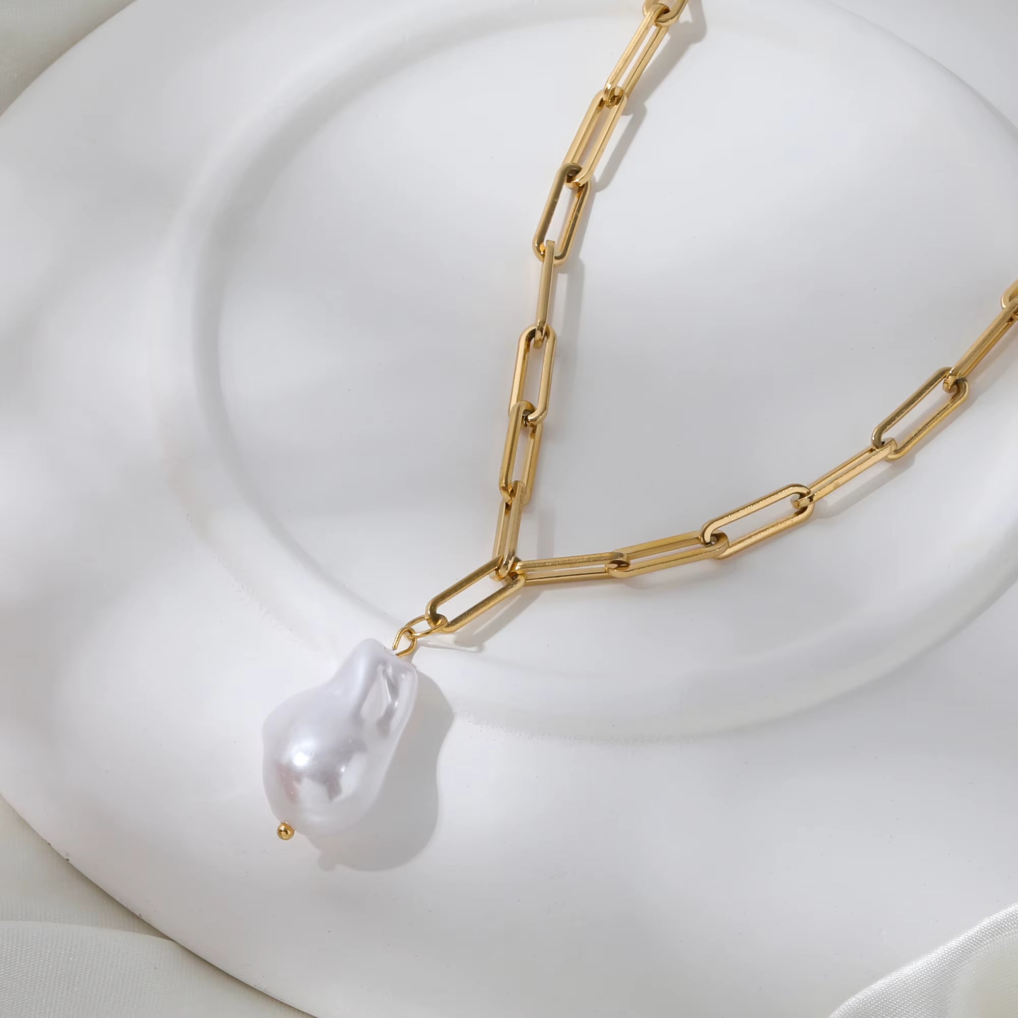 Joolim Jewelry 18K Gold Plated Link Chain Necklace Pearl Pendant Necklace