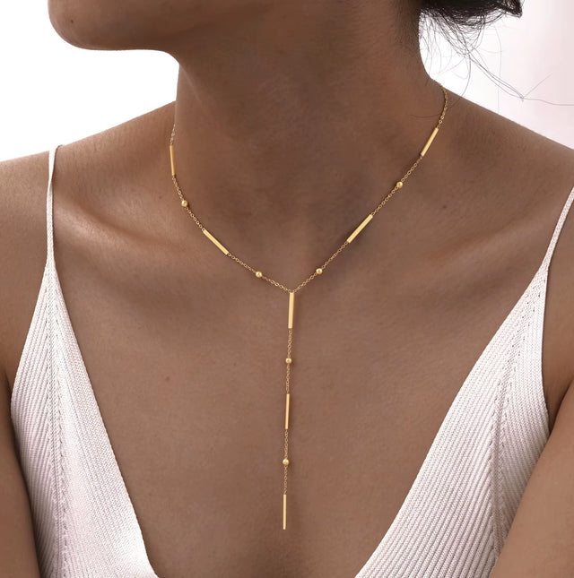 Joolim Jewelry Dainty Square Bar Bead Y Tassel Pendant Necklace 18K Gold Plated Stainless Steel Trendy Necklace