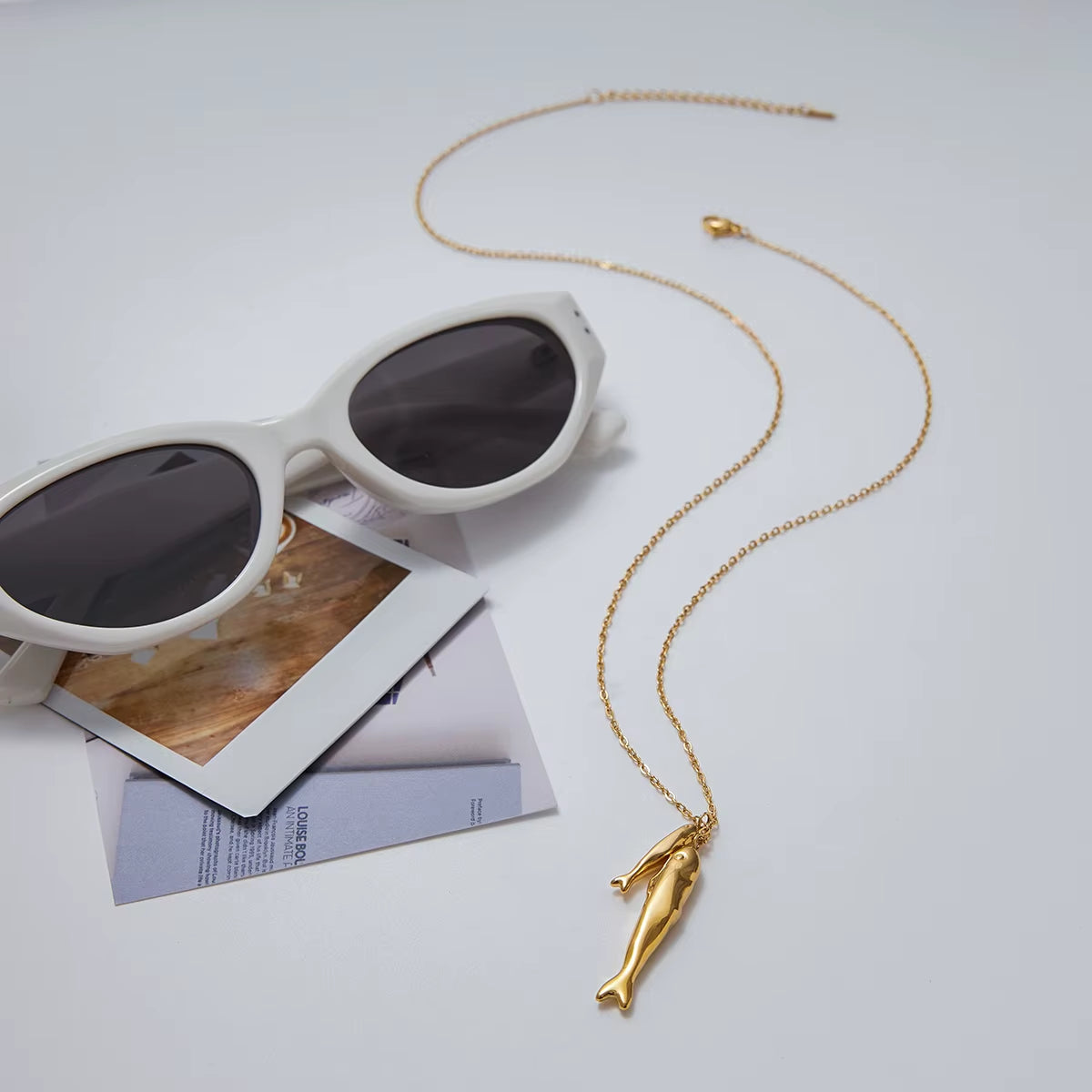 18K Gold Two Fish Pendant Necklace for Women - Hypoallergenic Stainless Steel Beach Style Jewelry