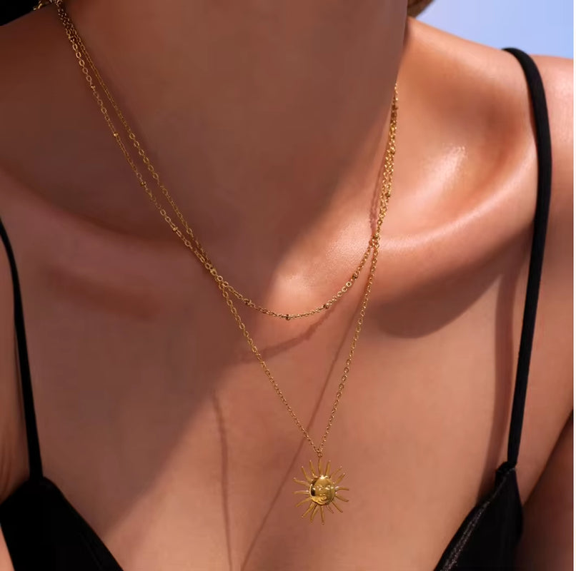 Joolim High End 18K PVD Gold Plated Waterproof Tarnish Free Sun Burst Face Pendant Stainless Steel Necklace