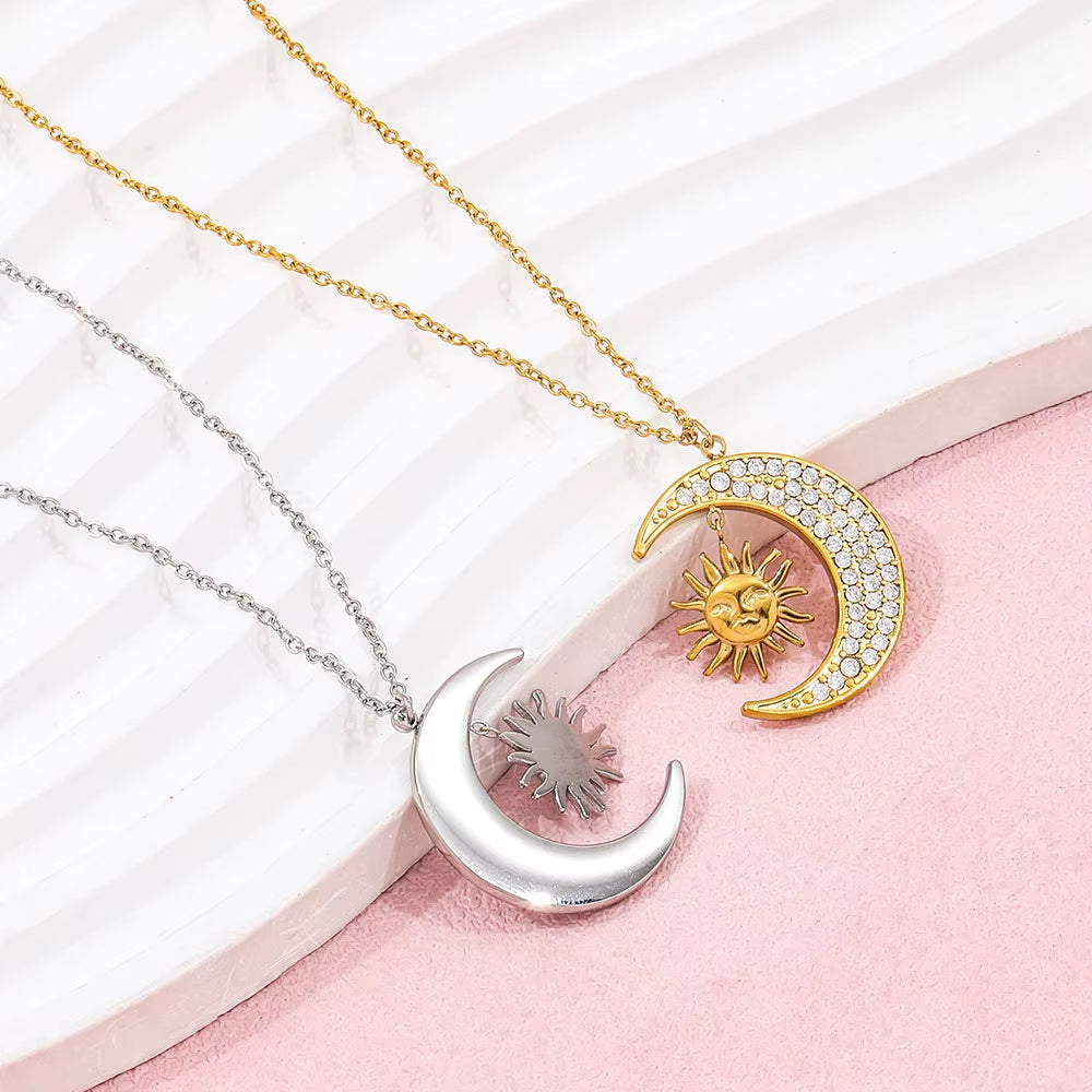 Joolim Jewelry Dainty 18K Gold Plated Moon Star Sun Burst CNC Zircon Pave Pendant Necklace Trendy Jewelry Tarnish Free