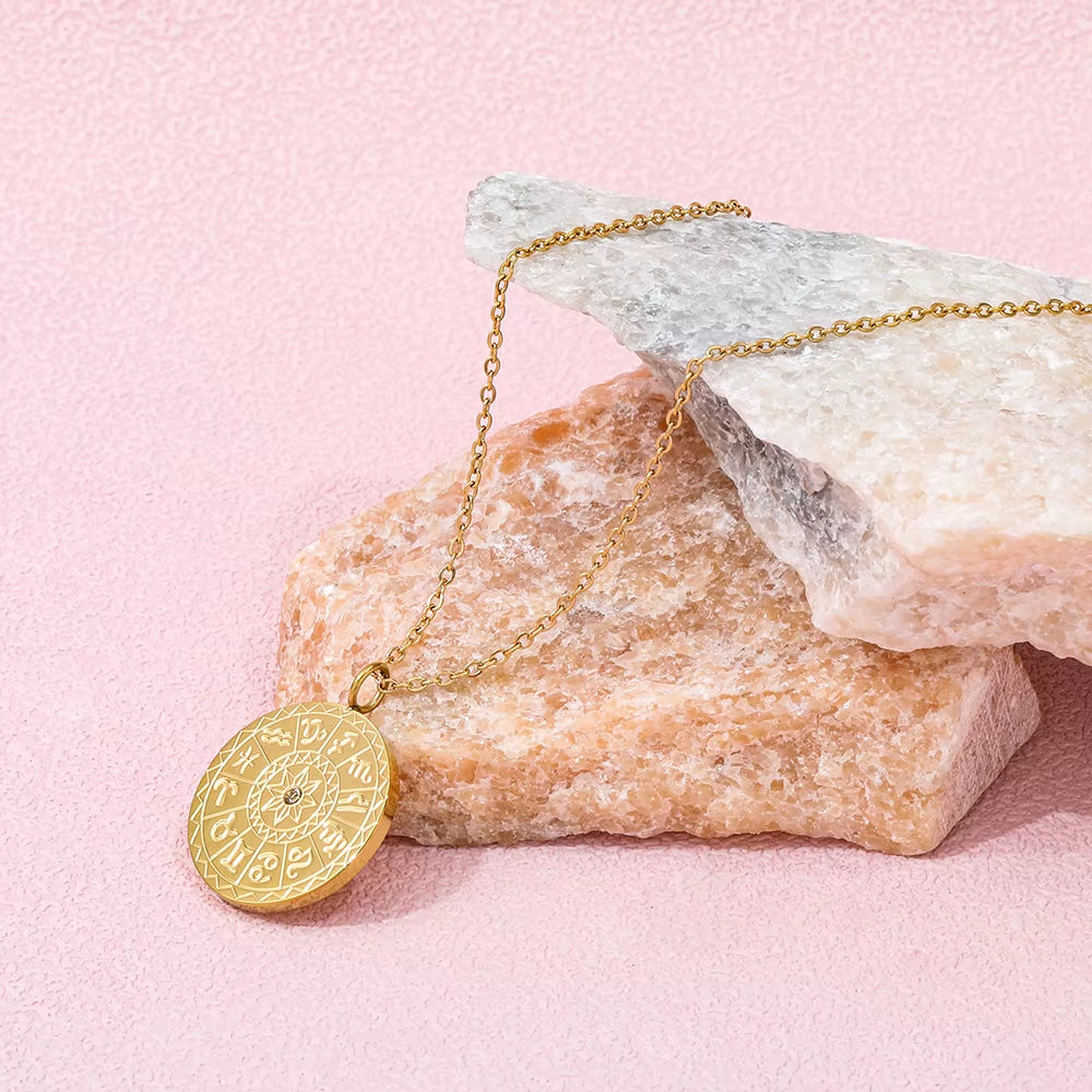 Joolim Jewelry 18K Gold Plated Vintage 12 Zodiac Coin Pendant Necklace Jewelry Wholesale Stainless Steel Necklaces