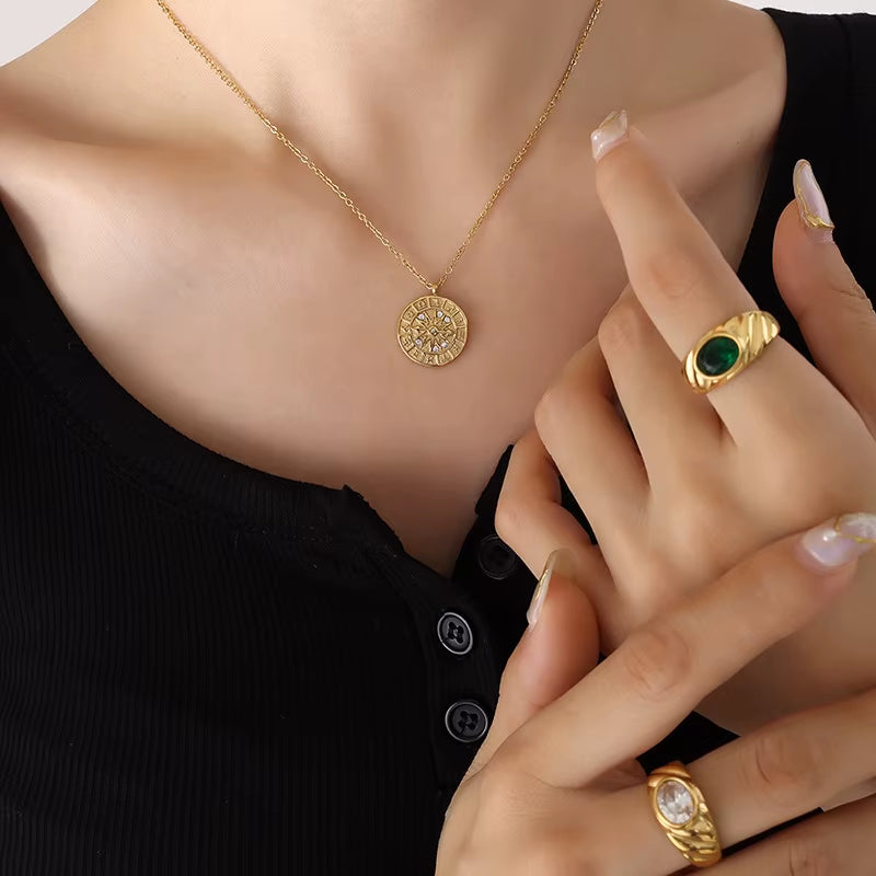 JOOLIM High End Stainless Steel Zirconia Zodiac Pointer Coin Pendant Necklace 18K Gold Plated Jewelry Wholesale