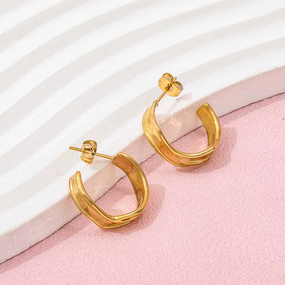 JOOLIM High End 18K Gold Plated Band C Wrinkle Chunky Hoop Earring Jewelry Stainless Steel for Women