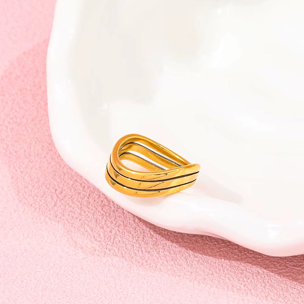 Joolim High End 18K Gold Plated Three Layer Hollow Waved Ring for Women Finger Ring Wholesale
