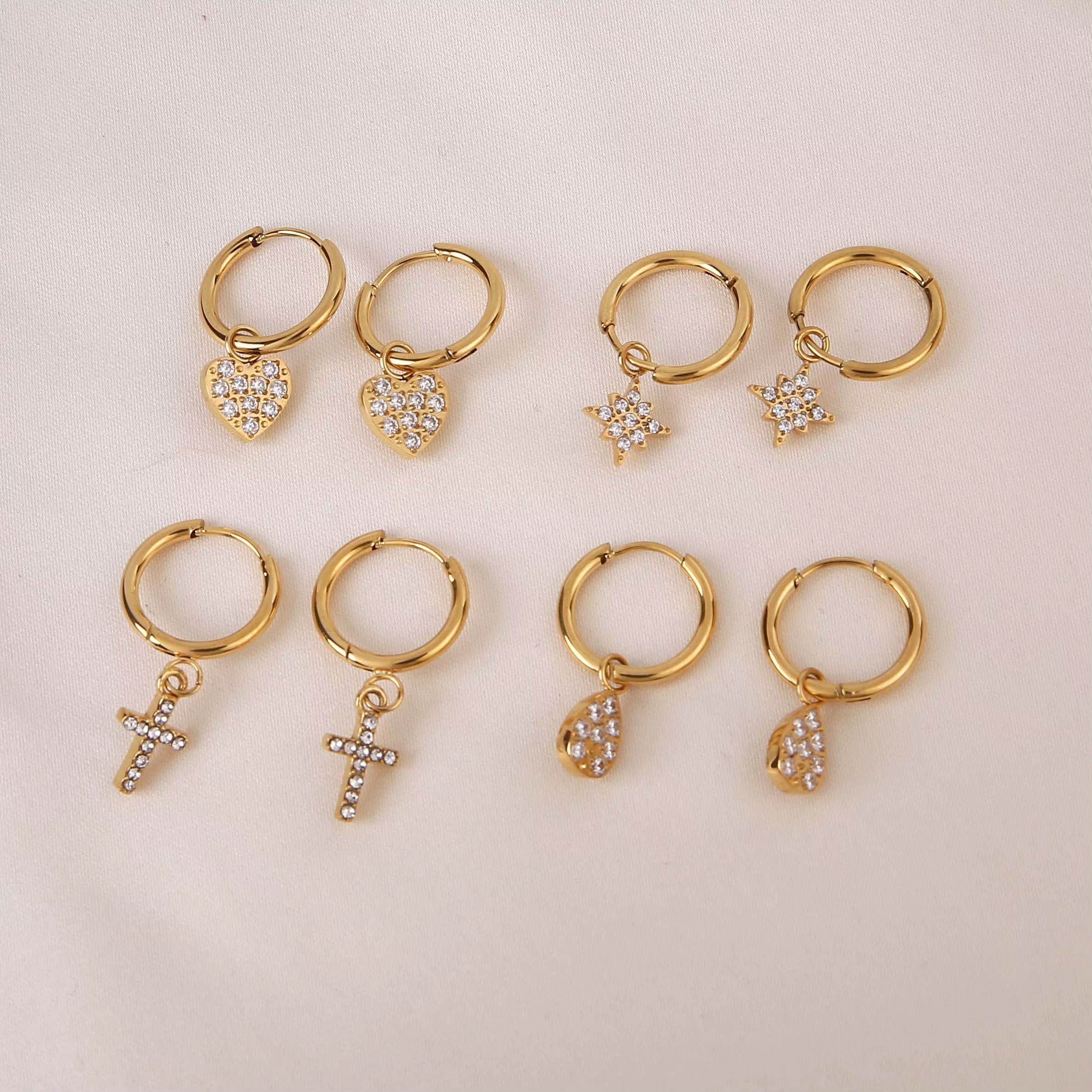 18K Pvd Dainty Elegant CNC Cubic Zirconia Pave Heart Waterdrop Starburst Cross Stainless Steel Hoop Earring Fine Jewelry