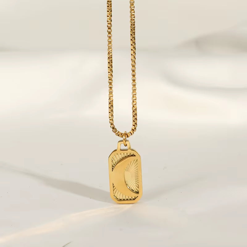 Joolim Jewelry 18K Gold Plated Sun Moon Burst Rectangle Pendant Necklace Stainless Steel Trendy Jewelry