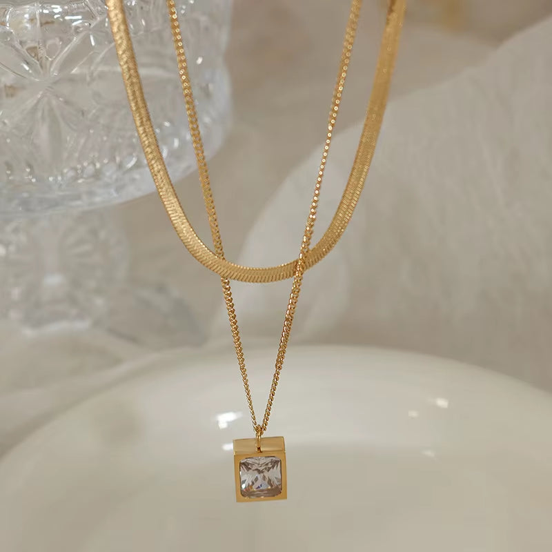 18K Gold Plated Double-Layer Herringbone Chain Square Zirconia Pendant Stainless Steel Choker Necklace Design Jewelry Wholesale