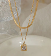 18K Gold Plated Double-Layer Herringbone Chain Square Zirconia Pendant Stainless Steel Choker Necklace Design Jewelry Wholesale