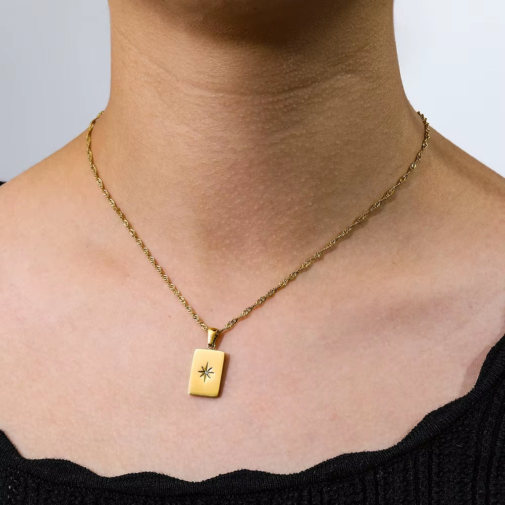 Joolim Jewelry 18K Gold PVD Plated North Star Rectangle Necklace Stainless Steel Necklace Tarnish Free Waterproof Gold Jewelry