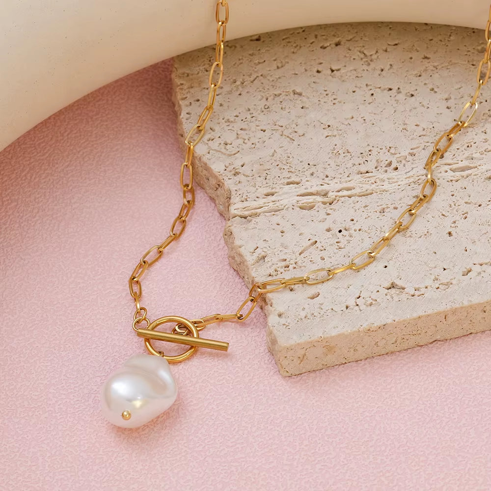 Joolim Jewelry 18K Gold Plated Shell Baroque Pearl Pendant Toggle Paper Pin Necklace Stainless Steel Jewelry