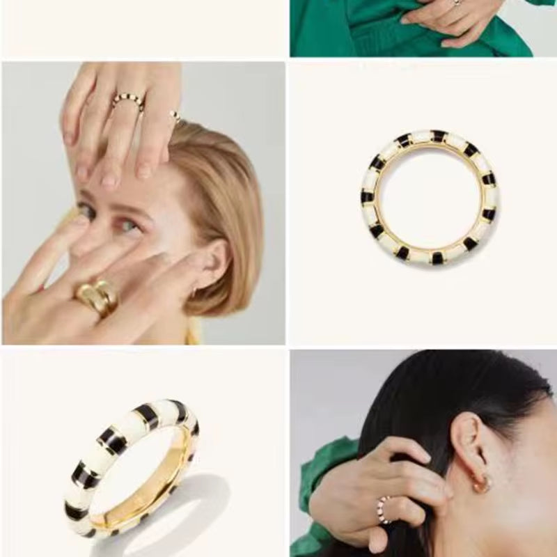 Joolim Jewelry 18K Gold Plated Black White Zebra Enamel Stainless Steel Rings for Women Tarnish Free