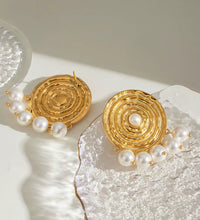18K Gold Stainless Steel Faux Pearl round Textured Design Hoop Earrings Inspired by Classic Elegance