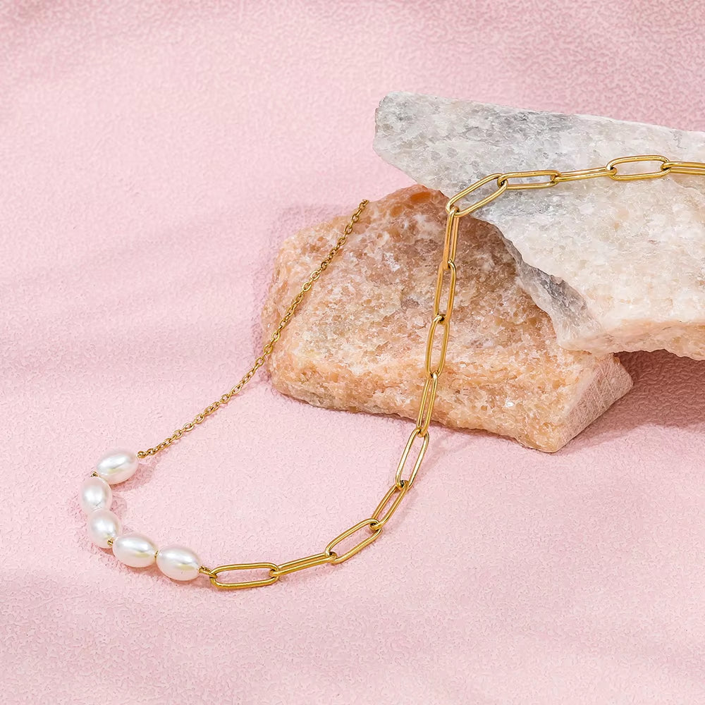 High End 18K Gold Plated Jewelry Wholesale Pearl Paper Pin Mixed Chain Necklace Asymmetric Stainless Steel Fashion Jewelry