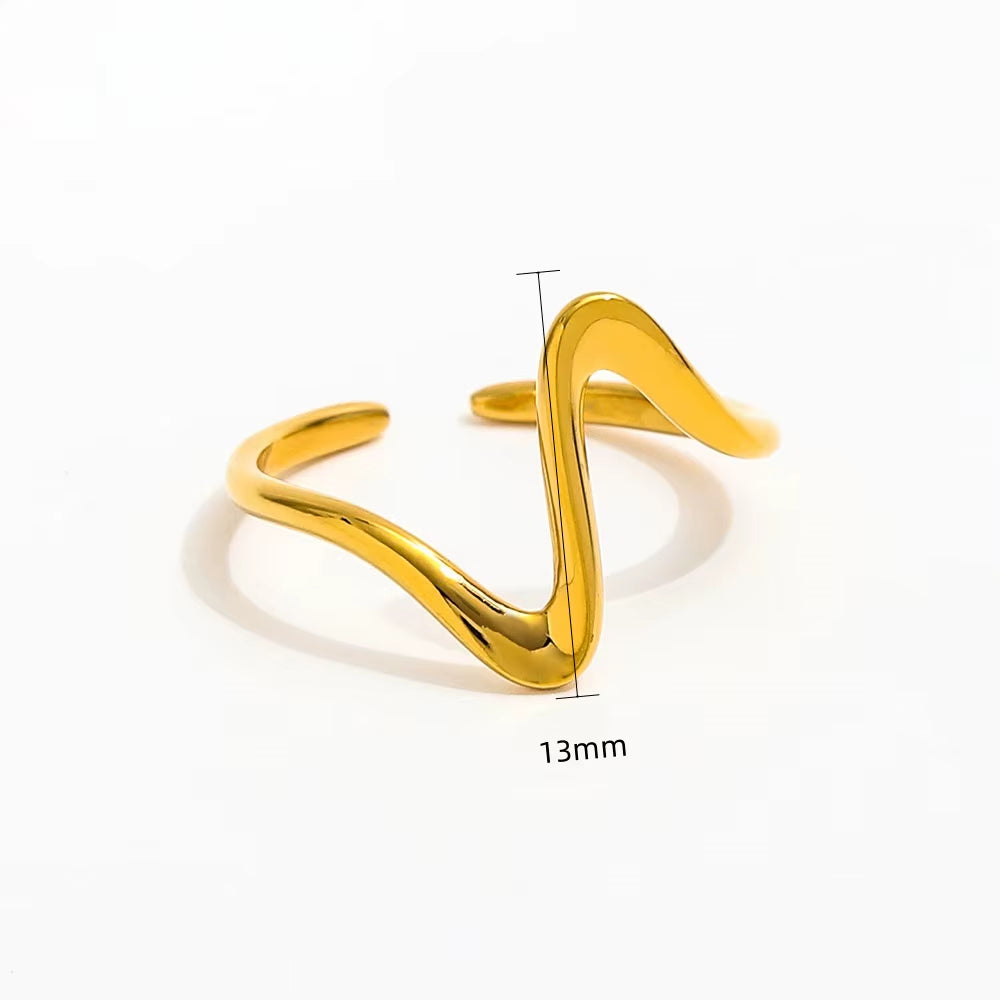 Joolim Jewelry Wholesale 18K Gold Plated Resizable Adjustable Dainty Waved Irregular Lines Stainless Steel Open Ring for Women