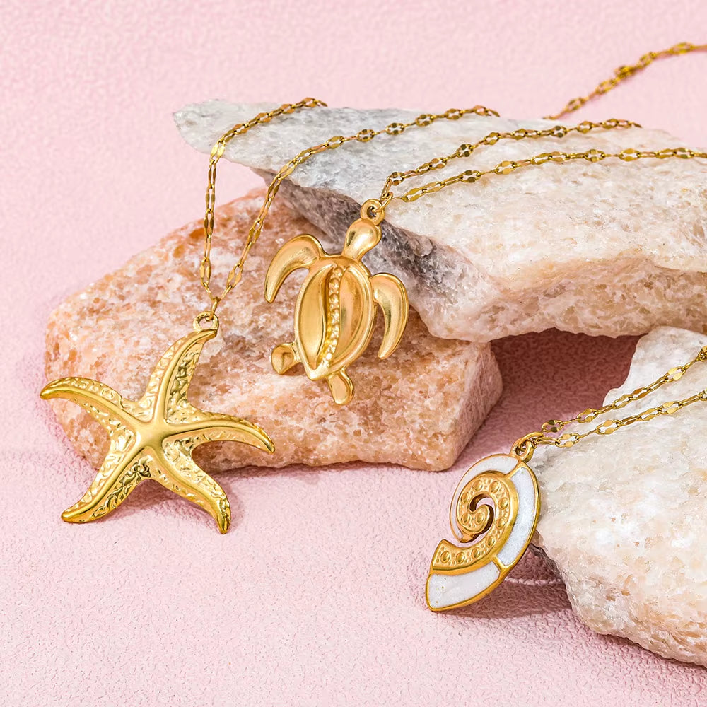 Joolim Jewelry 18K Gold Plated Starfish Sea Snail Turtle Enamel Pendant Necklace Trendy Tarnish Free Gift