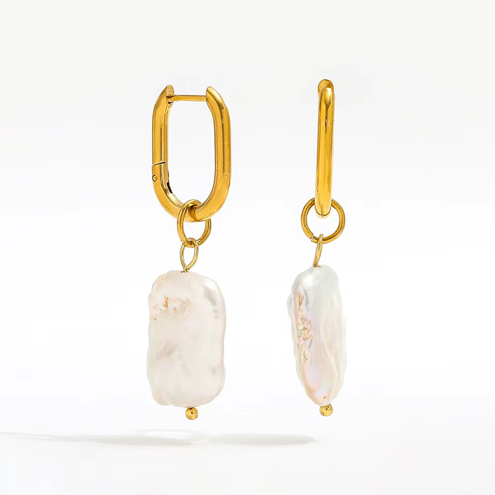 High End PVD 18K Gold Plated Waterproof Irregular Freshwater Pearl Pendant U Huggie Earring Stainless Steel Jewelry Wholesale
