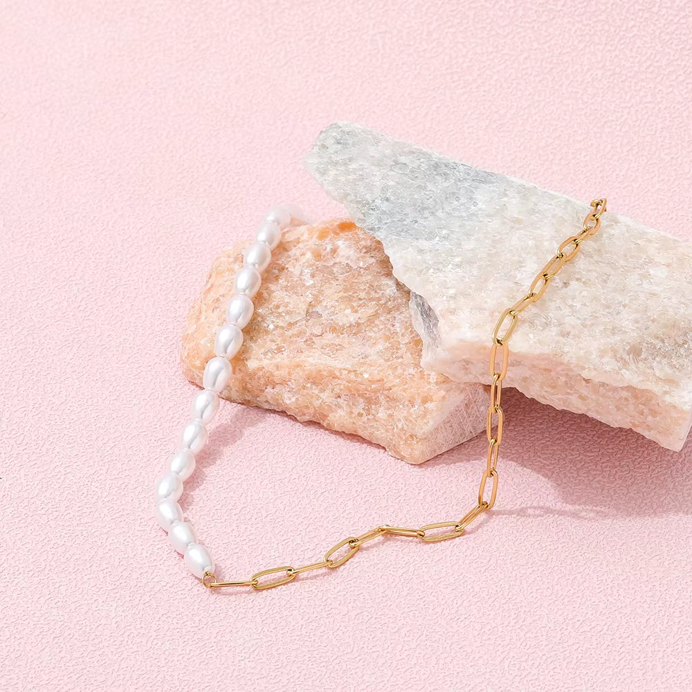 Waterproof & Tarnish Free 18K Gold Plated Paper Clip Freshwater Pearl Joint Necklace Trendy Stainless Steel Jewelry Wholesale