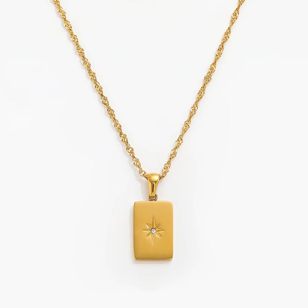 Joolim Jewelry 18K Gold PVD Plated North Star Rectangle Necklace Stainless Steel Necklace Tarnish Free Waterproof Gold Jewelry