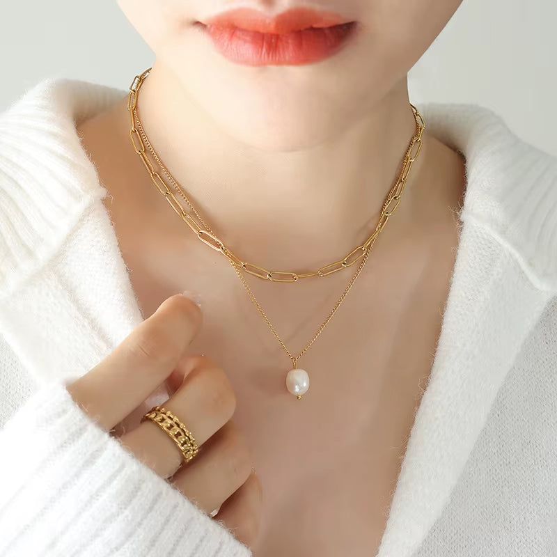 JOOLIM Ready to Ship High End 18K Gold Plated Stainless Steel Single Fresh Water Pearl Pendant Double-Layer Chain Necklace