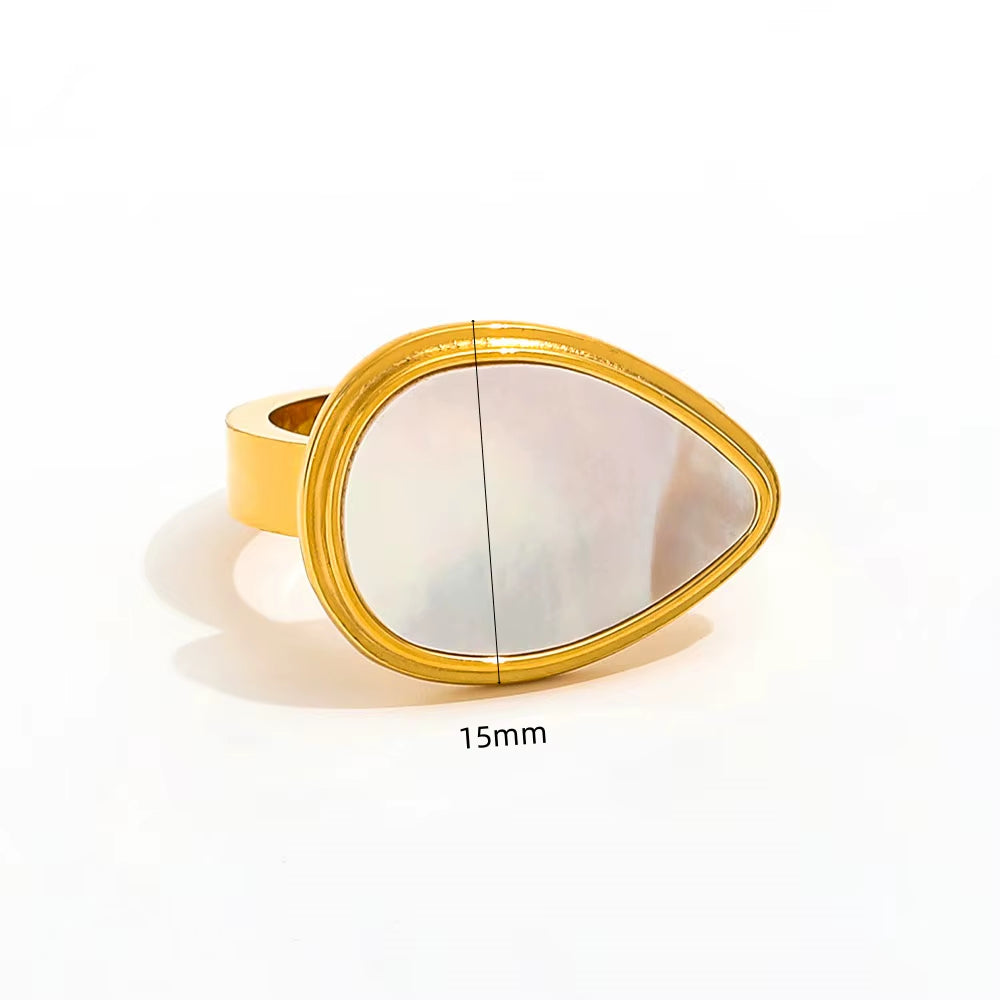 18K PVD Gold Plated White Big Shell Waterdrop Stainless Steel Stamp Ring Trendy Jewelry Wholesale Gift