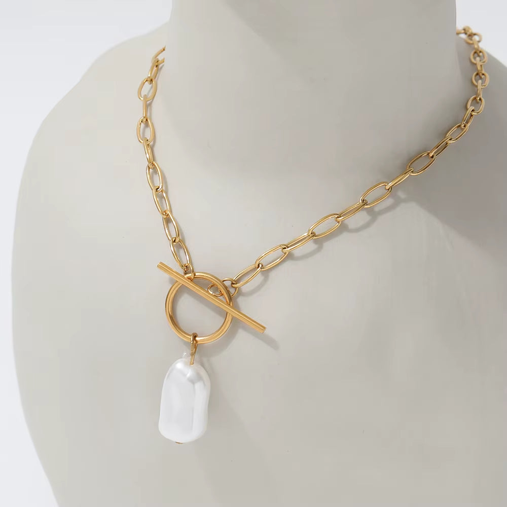 Joolim Jewelry 18K Gold Plated Shell Baroque Pearl Pendant Toggle Clavicle Necklace Stainless Steel Jewelry