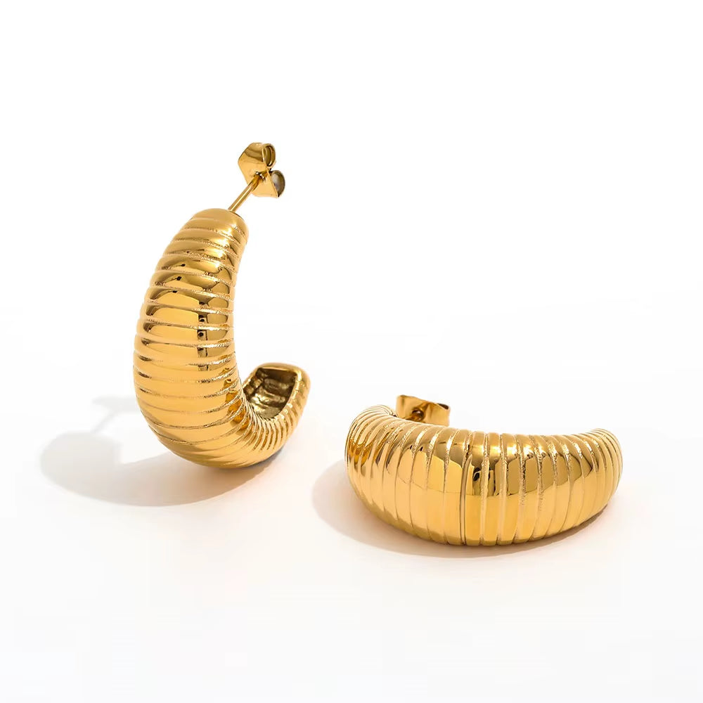 Joolim 18K Gold Plated Wholesale Waterproof Fashion Simple Pleated Pattern C-Shaped Hoop Earring Stainless Steel Jewelry
