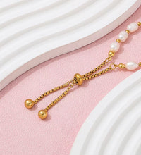 Adjustable 18K PVD Gold Plated Real Fresh Water Pearl Bracelet Stylish Geometric Stainless Steel Gift