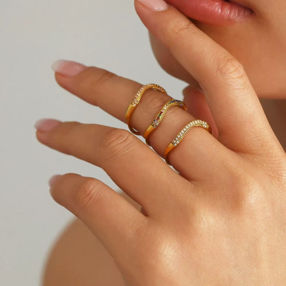 High End 18K Plain Gold Colorful Row Micro Half Pave Zircon Waved Ring Stainless Steel Trendy Simple Gold Plated Jewelry Gift