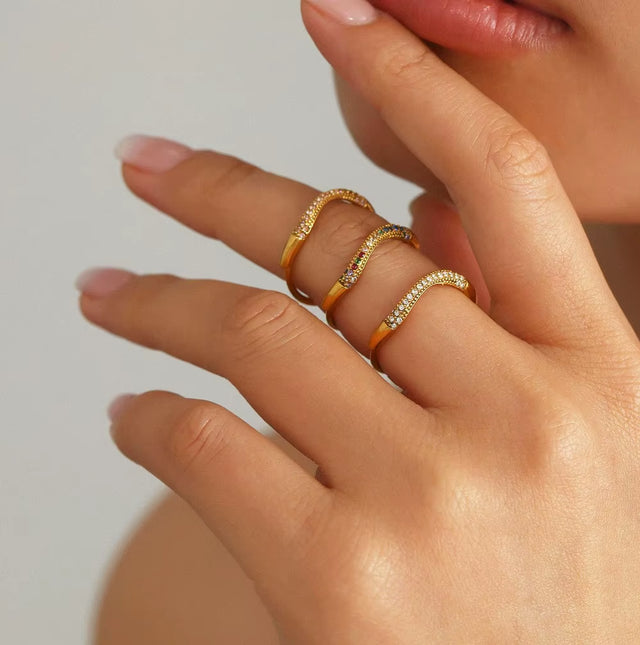 High End 18K Plain Gold Colorful Row Micro Half Pave Zircon Waved Ring Stainless Steel Trendy Simple Gold Plated Jewelry Gift
