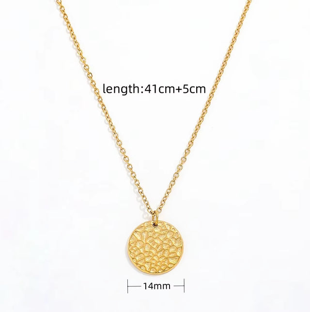 Joolim Hot Sale 18K PVD Gold Plated Waterproof Tarnish Free Hammered round Circle Coib Pendant Stainless Steel Necklace