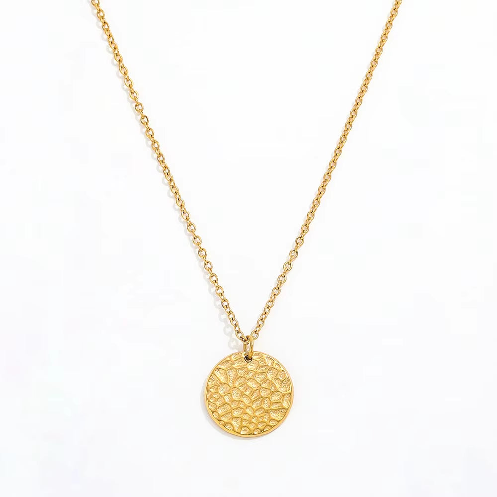 Joolim Hot Sale 18K PVD Gold Plated Waterproof Tarnish Free Hammered round Circle Coib Pendant Stainless Steel Necklace