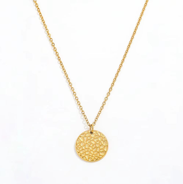Joolim Hot Sale 18K PVD Gold Plated Waterproof Tarnish Free Hammered round Circle Coib Pendant Stainless Steel Necklace