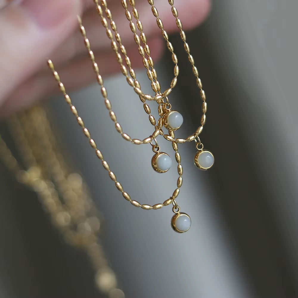 Joolim 18K Gold Plated Mung Bean round Natrual Stone Pendant Bead String Necklace Stainless Steel Tarnish Free Summer Jewelry