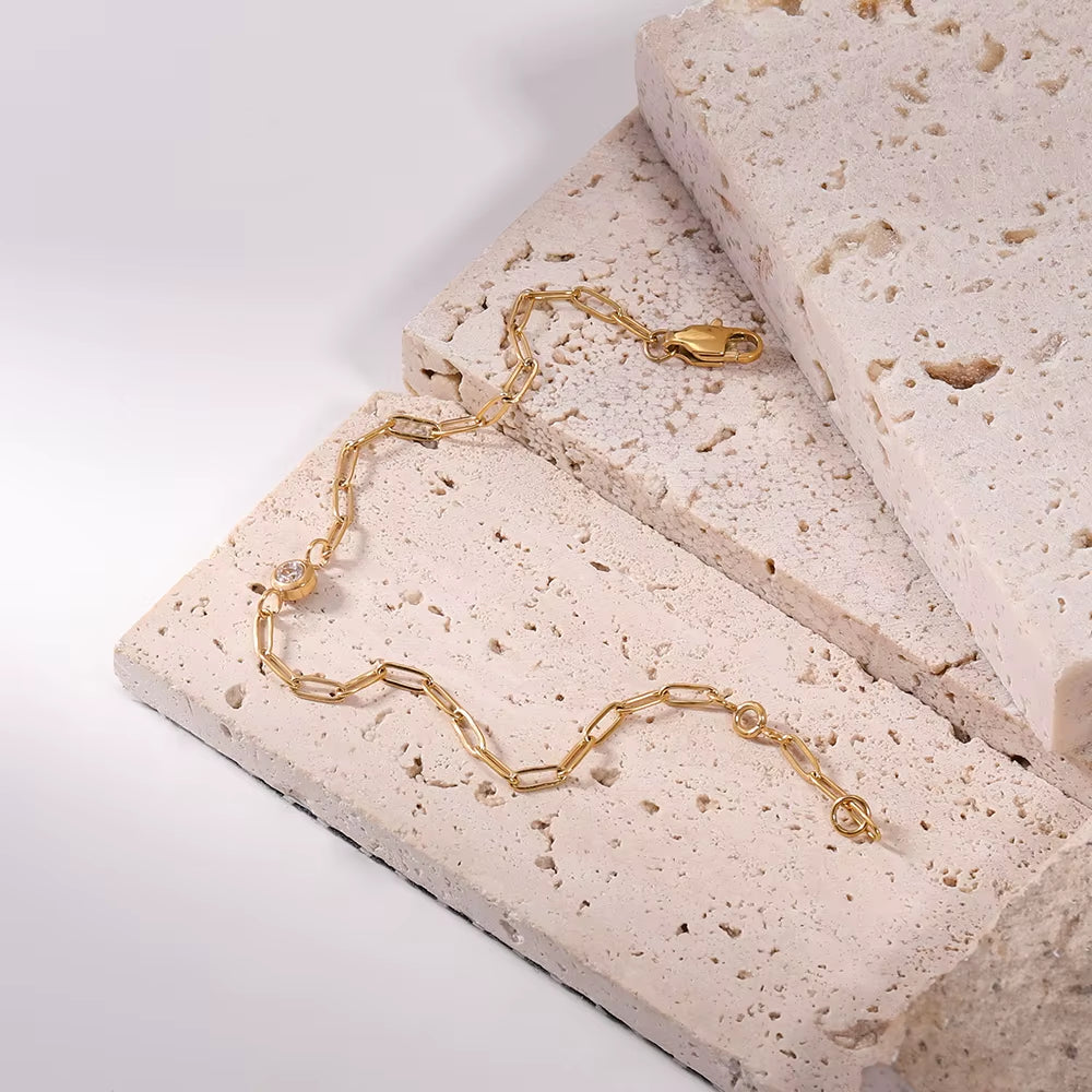 18K PVD Gold Plated Waterproof Stainless Steel Paper Clip Chain round Zirconia Bracelet for Women Wholesale Jewelry