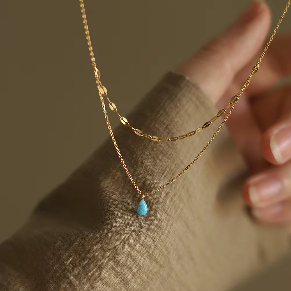 Joolim Jewelry 18K Gold Plated Blue Teardrop Artificial Stone Pendant Double-Layer Necklace Trendy Stainless Steel Jewelry