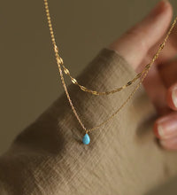 Joolim Jewelry 18K Gold Plated Blue Teardrop Artificial Stone Pendant Double-Layer Necklace Trendy Stainless Steel Jewelry