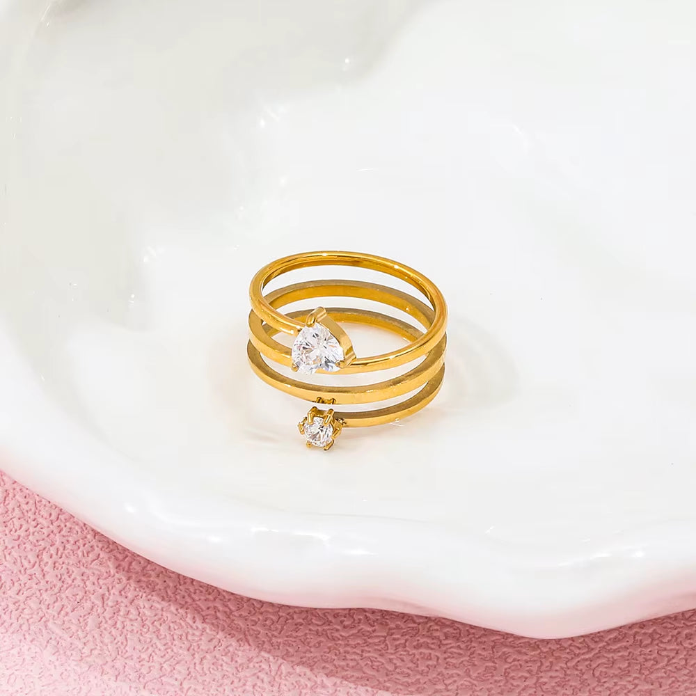 Joolim Jewelry Wholesale 18K Gold Plated Treble Spiral Stainless Steel Spring Wire Heart Zircon Ring Women'S Gift