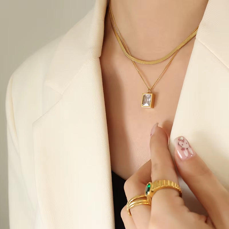 18K Gold Plated Double-Layer Herringbone Chain Square Zirconia Pendant Stainless Steel Choker Necklace Design Jewelry Wholesale
