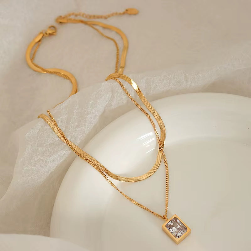 18K Gold Plated Double-Layer Herringbone Chain Square Zirconia Pendant Stainless Steel Choker Necklace Design Jewelry Wholesale