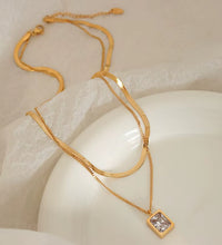 18K Gold Plated Double-Layer Herringbone Chain Square Zirconia Pendant Stainless Steel Choker Necklace Design Jewelry Wholesale