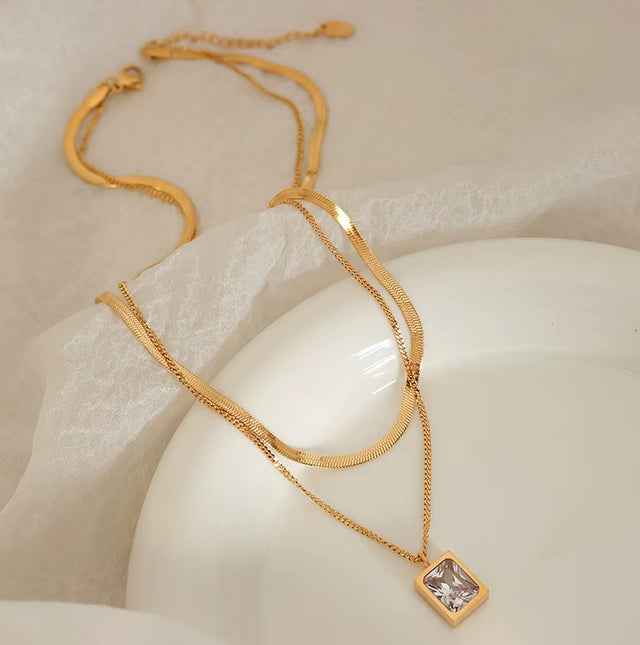 18K Gold Plated Double-Layer Herringbone Chain Square Zirconia Pendant Stainless Steel Choker Necklace Design Jewelry Wholesale
