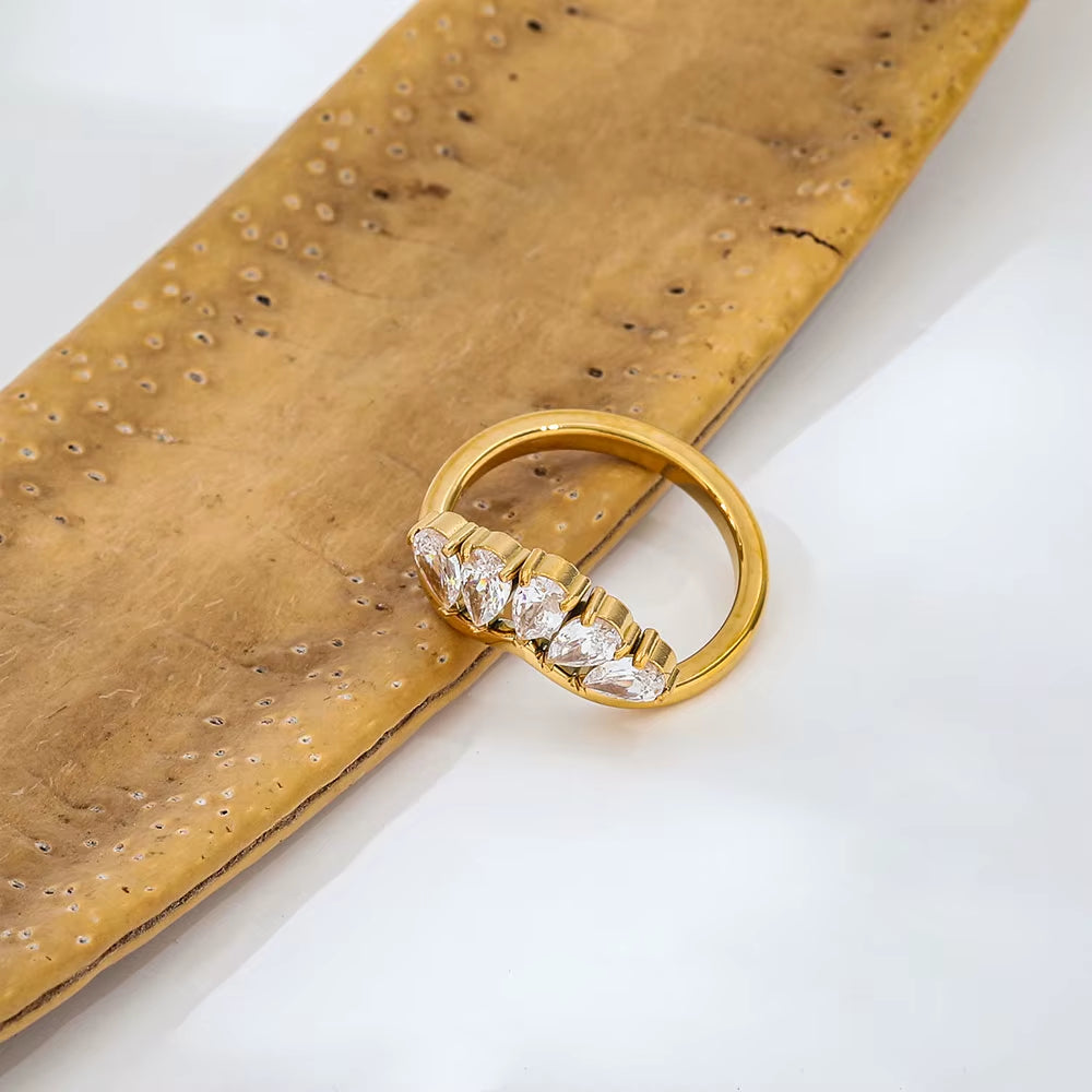 Joolim Jewelry Wholesale High End PVD Waterproof&No Fade Fashion Designer Teardrop Zirconia Pave Stainless Steel Ring for Women