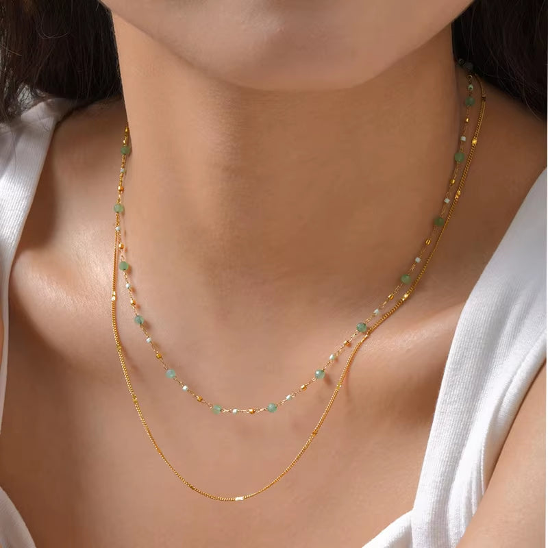 JOOLIM High End Stainless Steel Green Natrual Stone Double Layer Necklace 18K Gold Plated Jewelry Wholesale