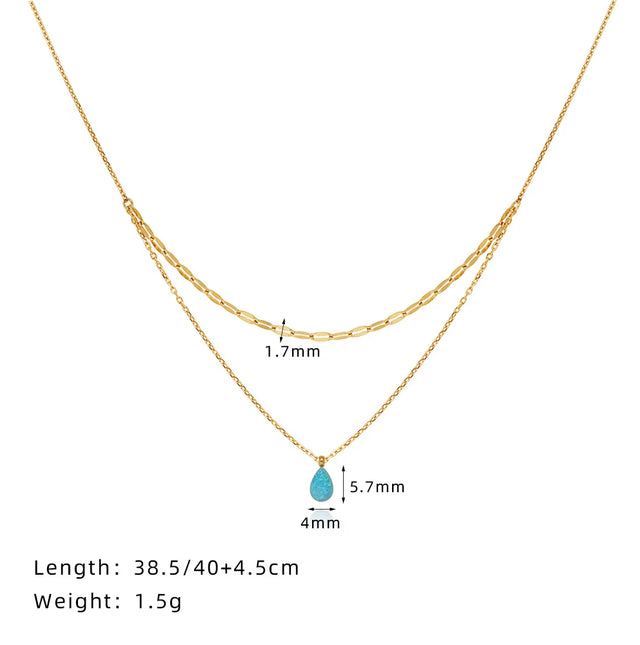 Joolim Jewelry 18K Gold Plated Blue Teardrop Artificial Stone Pendant Double-Layer Necklace Trendy Stainless Steel Jewelry