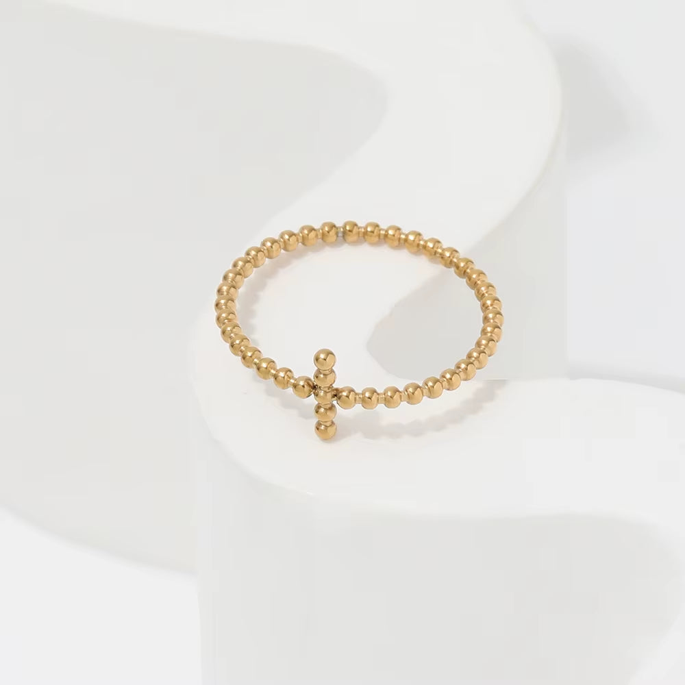 High End Pvd Gold Plated Tiny Dainty Cross Bead Stainless Steel Rings for Women Trendy Jewelry Wholesale