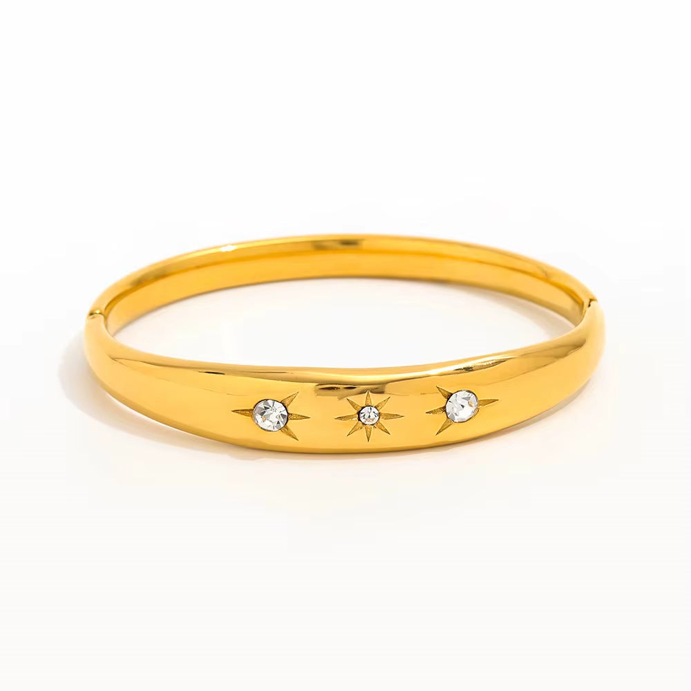 High End Stainless Steel Gold Plated Star Burst Zircon Eight - Pointed Star Openable Bangle Bracelet for Women Fashion Jewelry