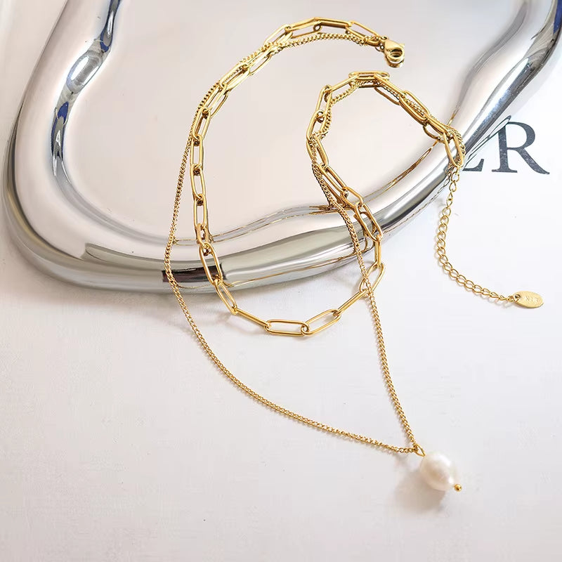 JOOLIM Ready to Ship High End 18K Gold Plated Stainless Steel Single Fresh Water Pearl Pendant Double-Layer Chain Necklace